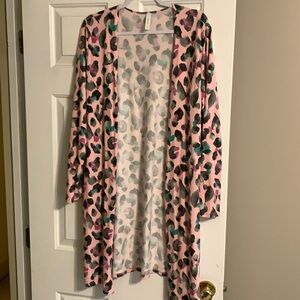 Boutique long knit cardigan in size large pink animal print